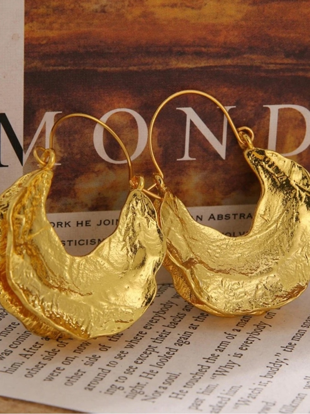 Gold Textured Crescent Hoop Earrings